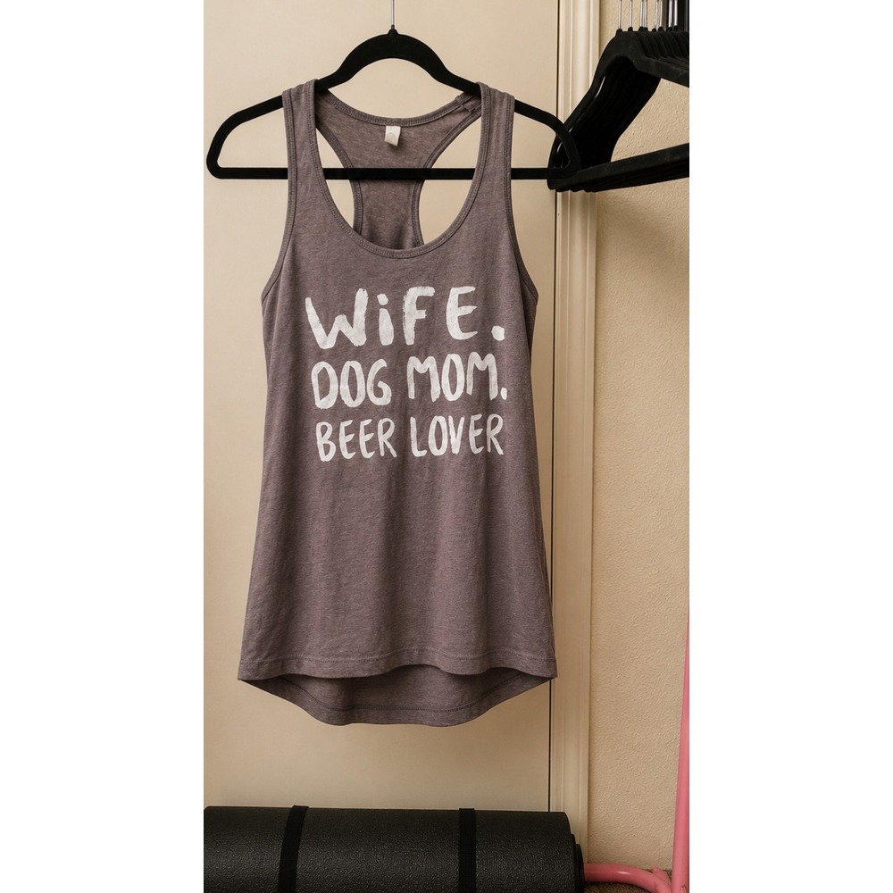Wife Dog Mom Beer Lover Graphic Racerback Tank Top Heather Purple Women Small